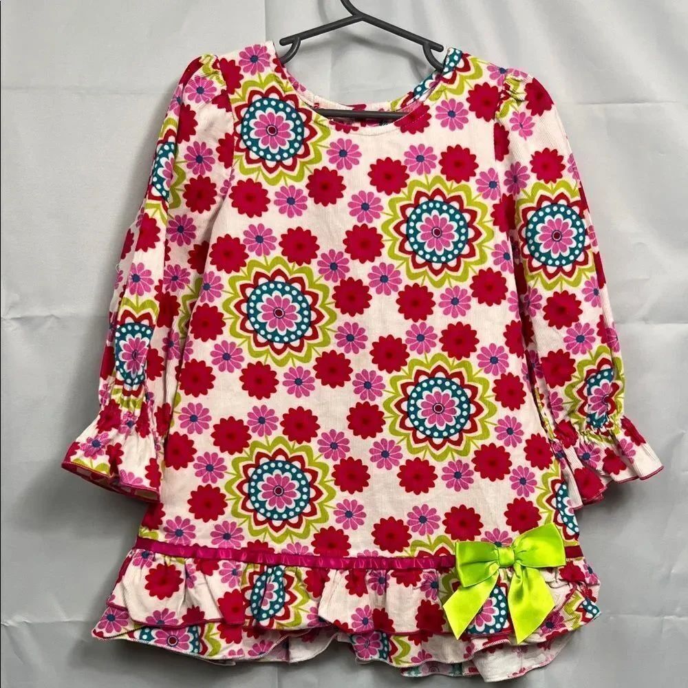 Bonnie Jean white and pink bold floral corduroy long sleeve dress size 5
